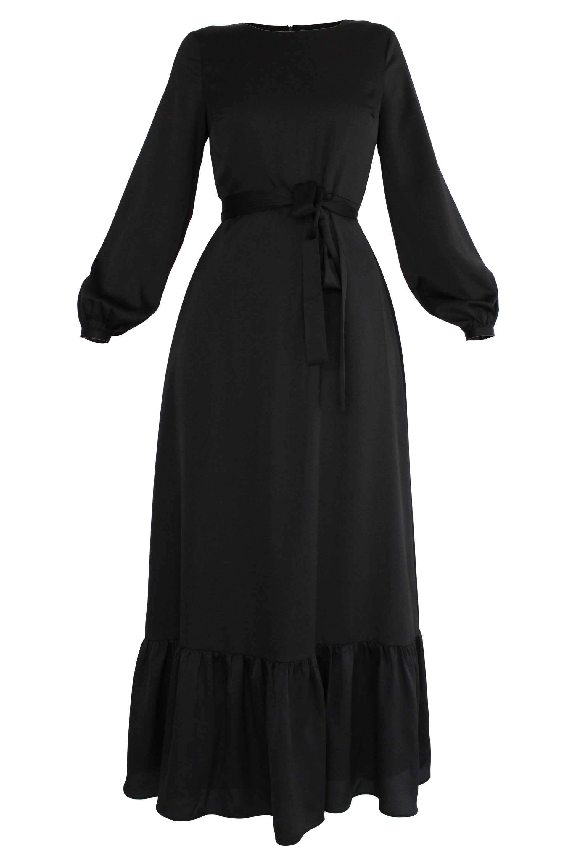 ROBE NOIRE À VOLANTS EN SATIN