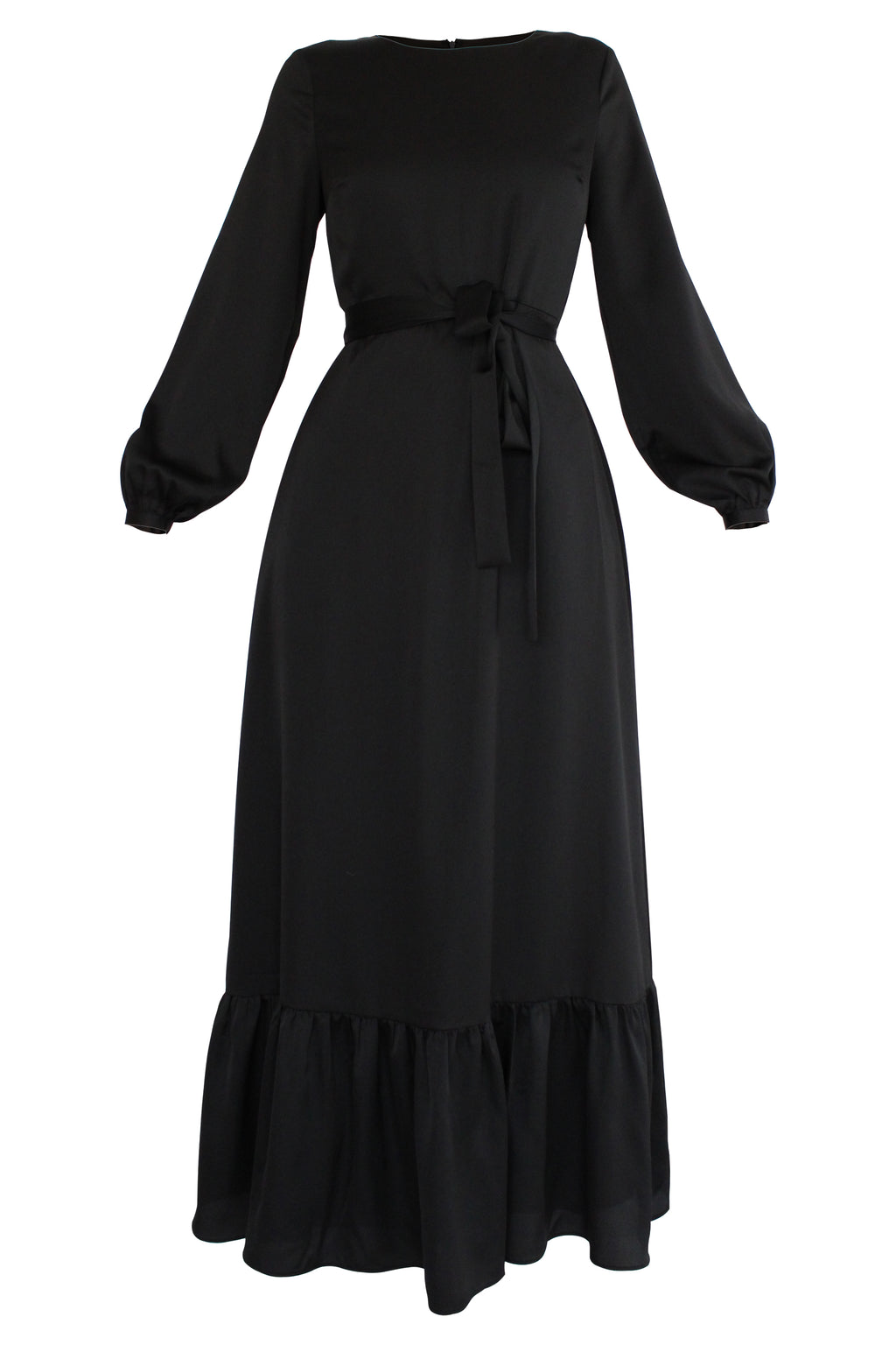 ROBE NOIRE À VOLANTS EN SATIN