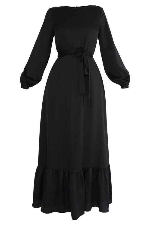 ROBE NOIRE À VOLANTS EN SATIN